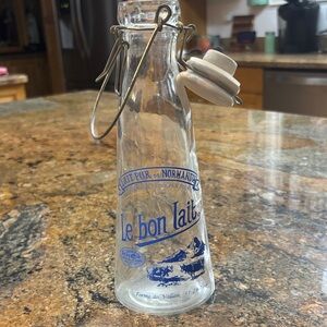 Glass Milk Bottle with Blue Print